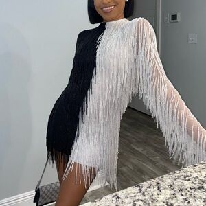 Black and White Fringe Mini Mini Dress
